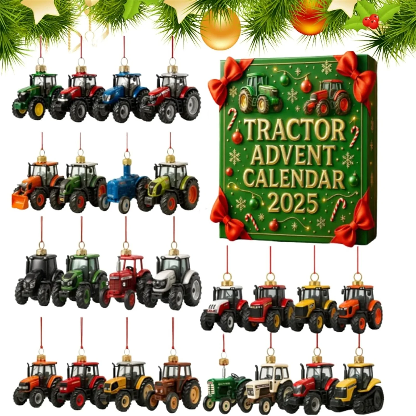 Horloge de retraite 2025 tracteur calendrier de l'avent 24 jours calendrier de compte à rebours de noël drôle 24 pièces tracteur 2D enfants minuterie lumière