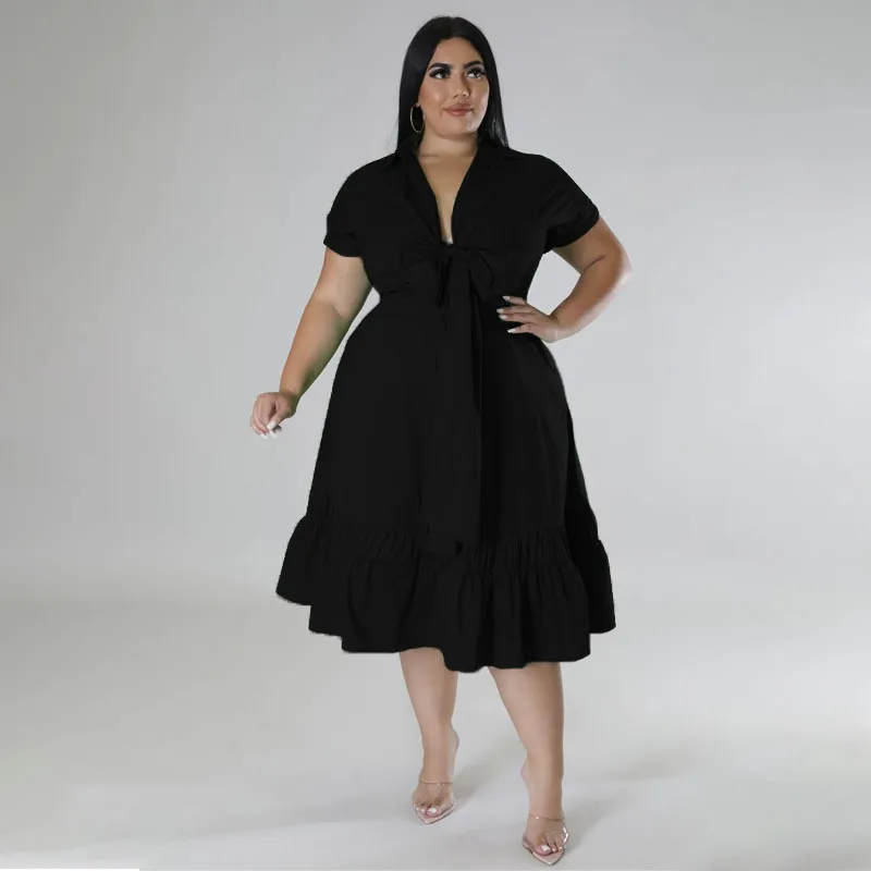 4XL 5XL duże rozmiary damskie zakładki Casual Dress Sexy solidny głęboki dekolt w szpic krótkie rękawy Ruffles eleganckie sukienki na przyjęcie