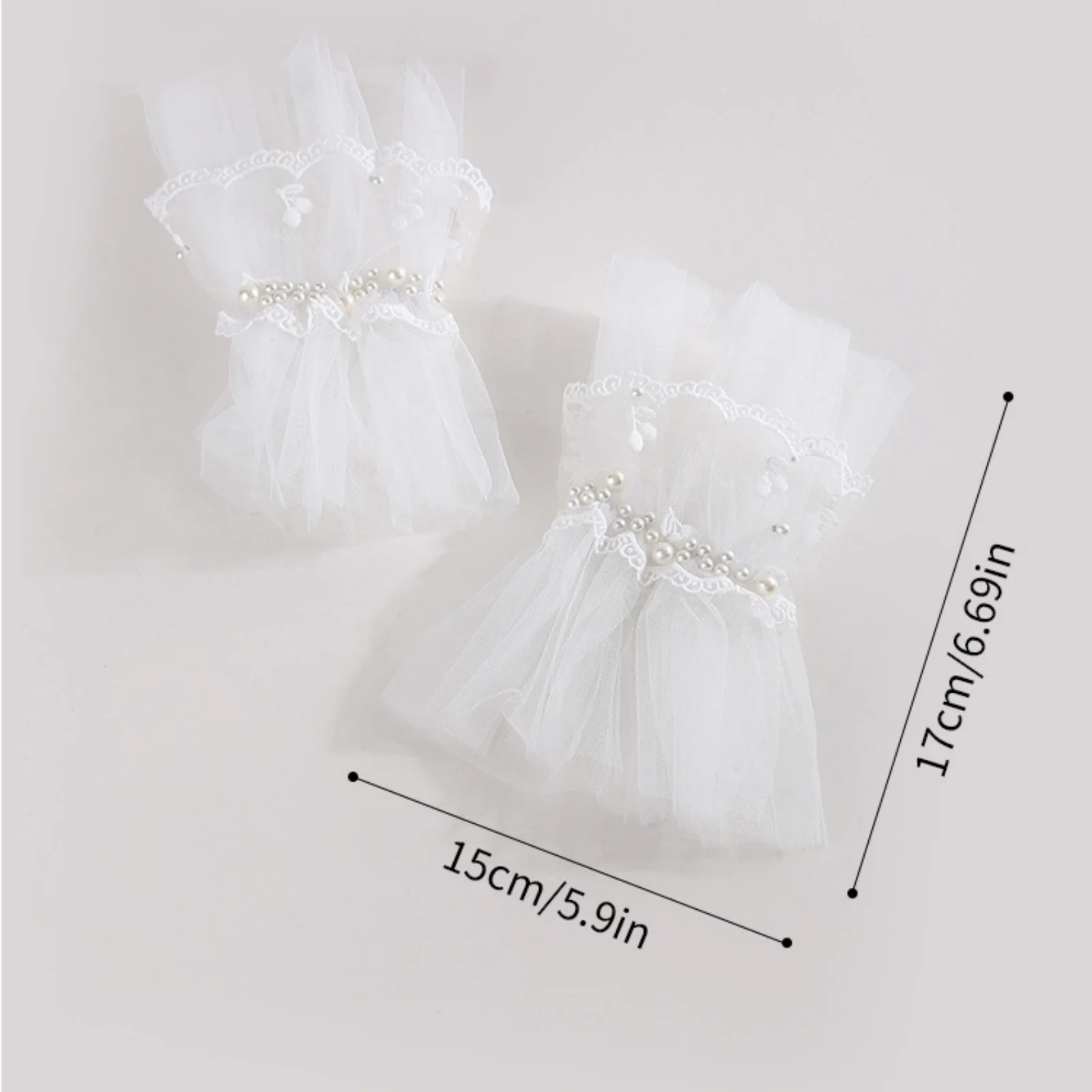 2PCS Elegant and dreamy lace short wedding gloves with tulle and pearls,short lace-trimmed gloves sleeves for Valentine's DAY