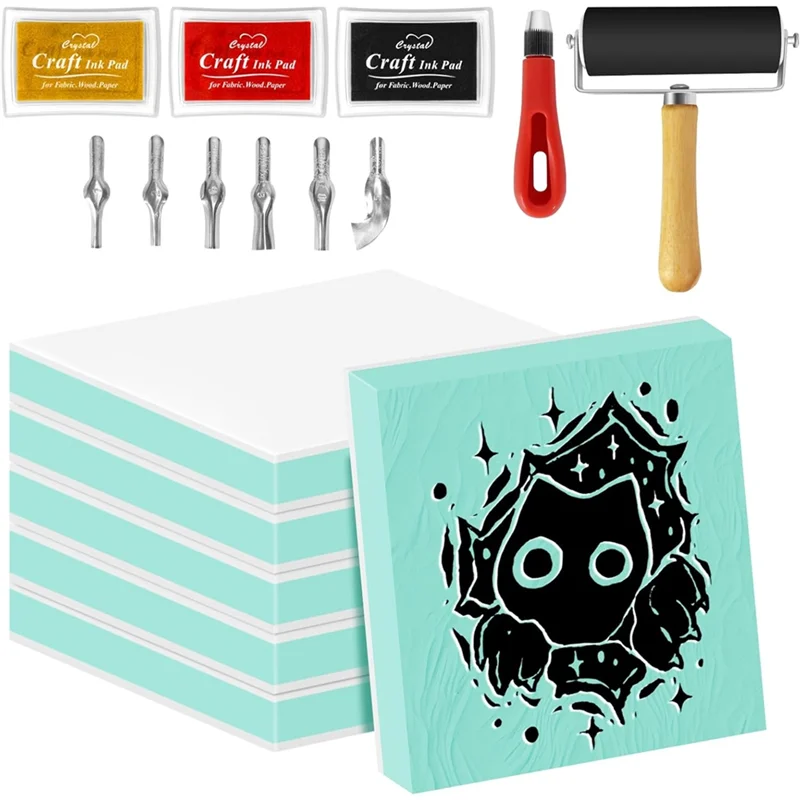 SHGO-Kit para hacer sellos de linoleum con 6 bloques de tallado de goma de 2 "X 2", para juego de manualidades de sellos DIY para principiantes