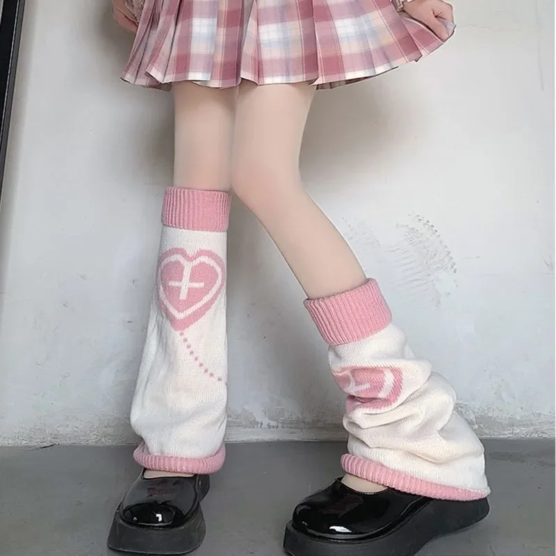 Japanese Jk Anime Heart Cross Knit Socks Two Side Bellmouth Leg Warmers Lolita Women Punk Harajuku Long Socks Y2k Accessories