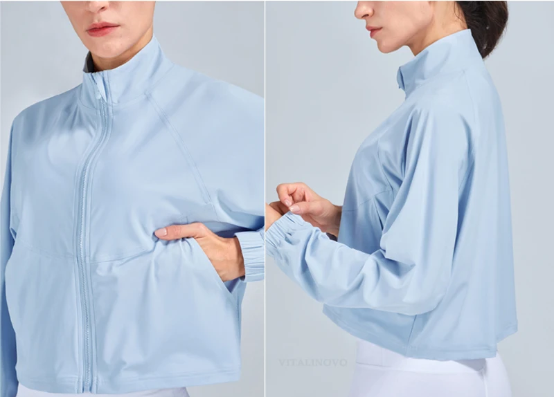VITALINOVO Sportliche Trainingsjacke für Damen, UPF 50+, langärmelig, Sonnenschutz, leichte Hemden, kurze Jacken mit Reißverschluss, Laufen – Detail 9