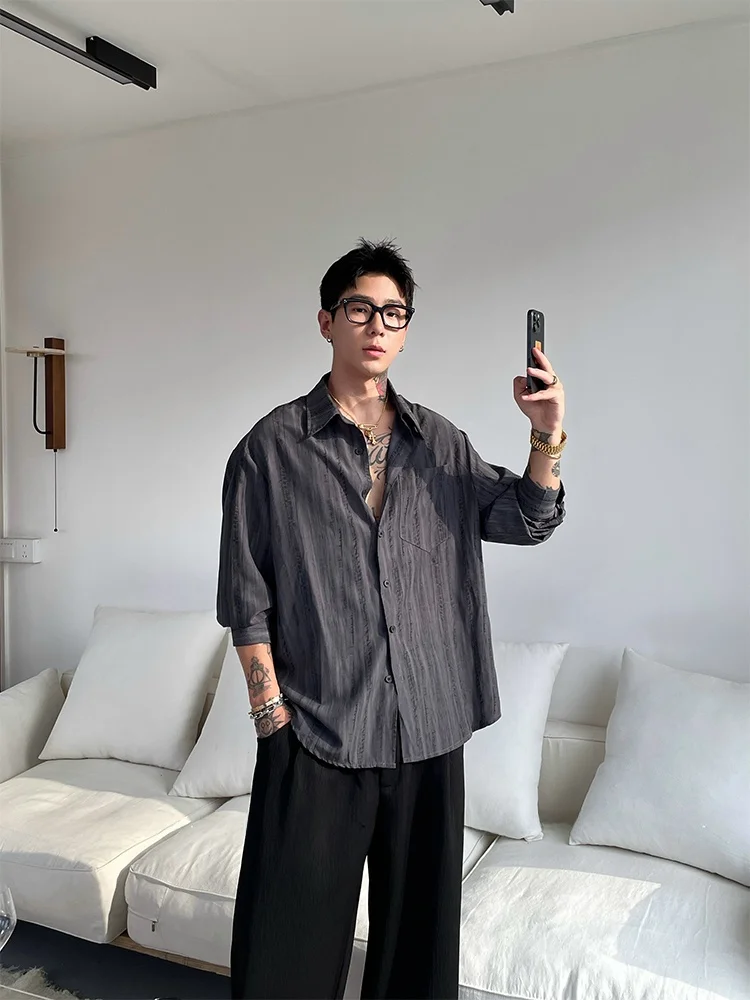 

Korean Sle Lightweight Texture Long Sve Men's irt Spring Autumn Loose Casual Sun Protection Haome Striped irt