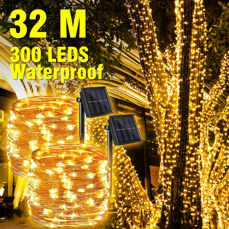 Led Zonne Fairy Lichtslingers Outdoor Festen Lamp Waterdicht 8 Modi Koperdraad Licht 32/22/12/7M Kerst Garland Werf Decor