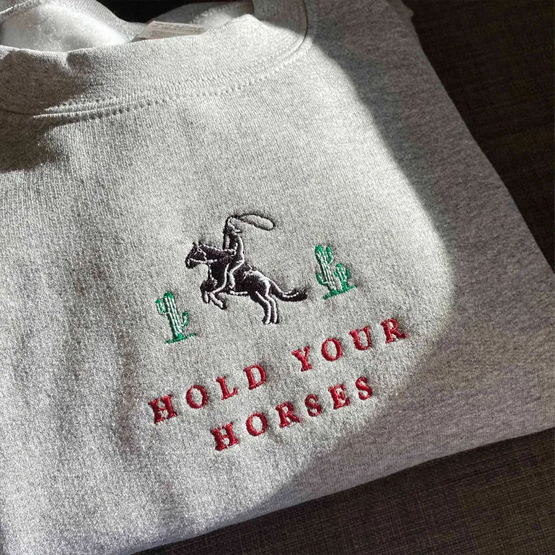 Hold Your Horses Cactus Embroidered Sweatshirts Men Women Unisex Gray Votton Thick Pullover Vintage Style 80s 90s Autumn Clothes