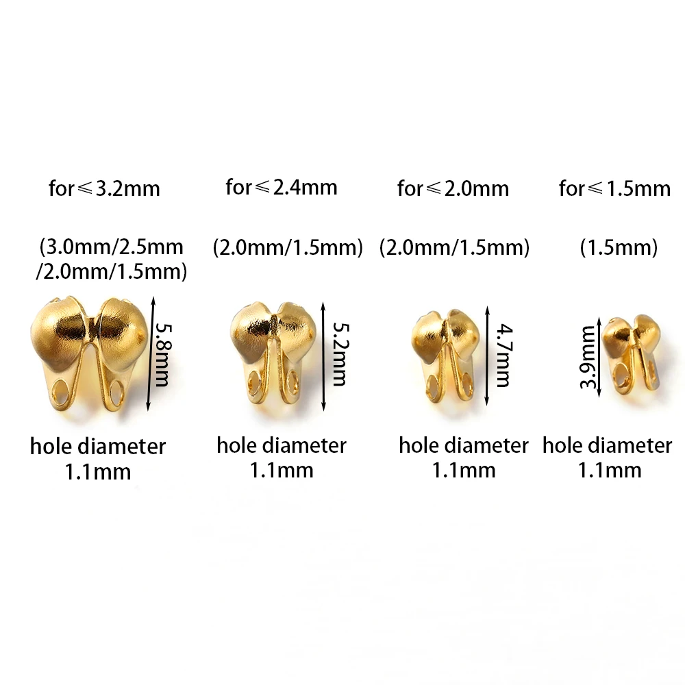 Clamshell Fold-Over Bead para DIY Pulseiras e Colares Making, aço inoxidável Crimp End, Dicas Knot Covers, 3-6mm, 50Pcs