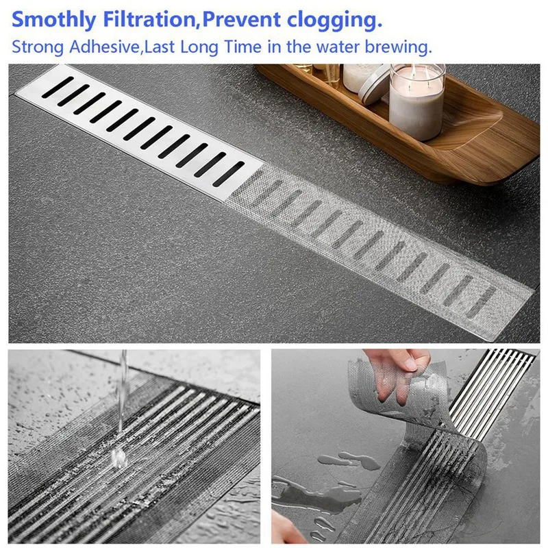 Floor Drain Sticker Mesh Sink Drain Strainer For Any Length,Hair Stopper For Linear Shower Drain With Removal Tool