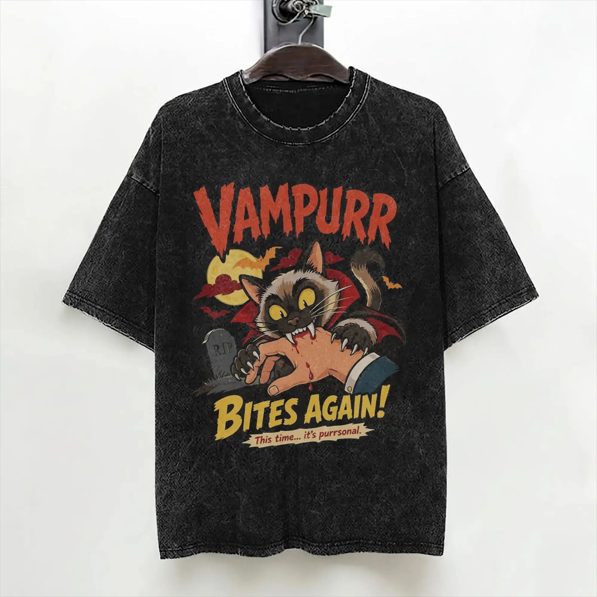 Vampurr Bites Again Halloween Vampire Cat Washed T Shirts Streetwear T-Shirts Tees for Men Women Short Sleeve Street Printed