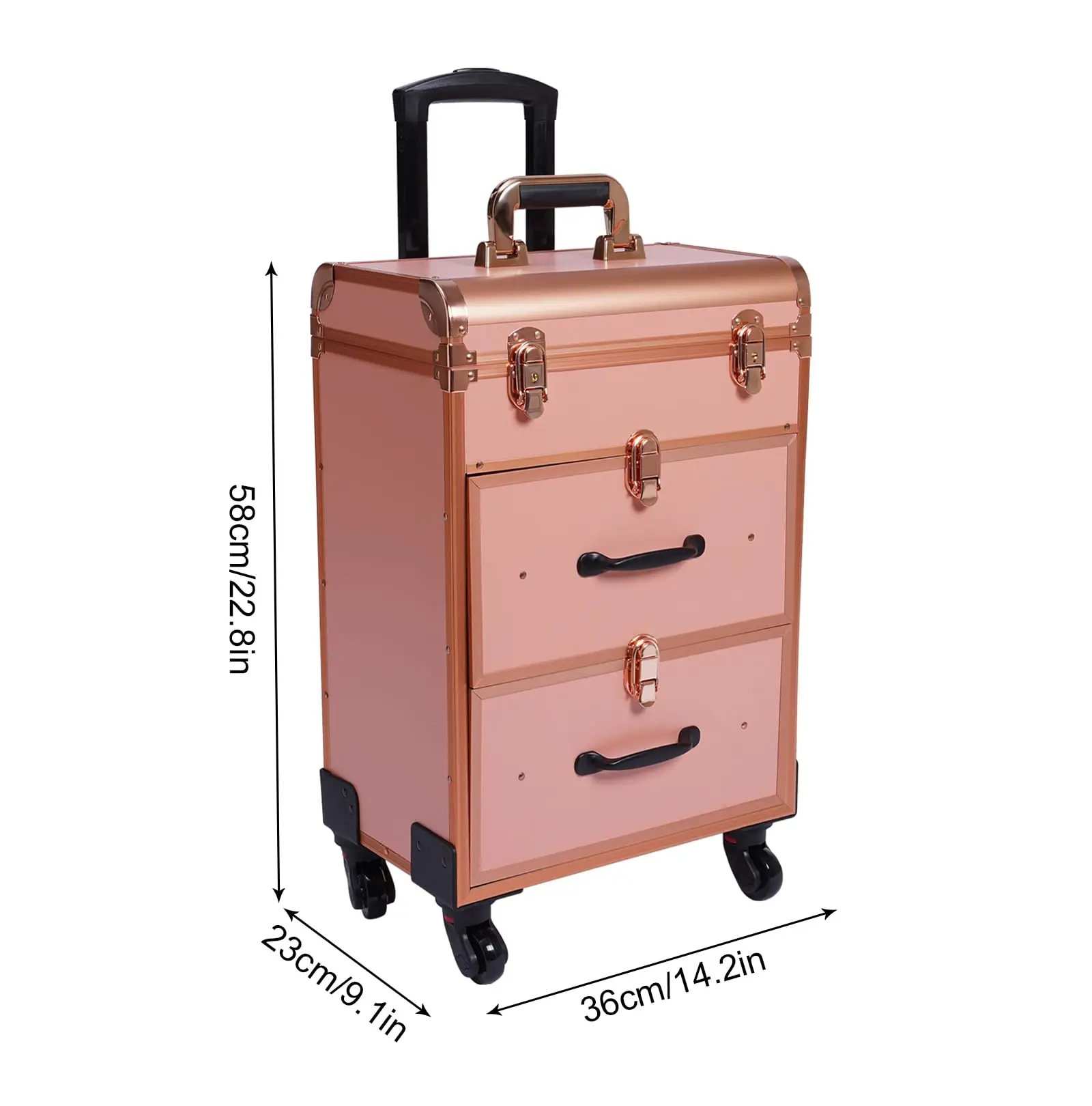 Travel Makeup Case Rolling Cosmetic Train Case for Storage, 3 Layer Aluminum Alloy Frame Make-Up Artists Nail Technicians Lockable