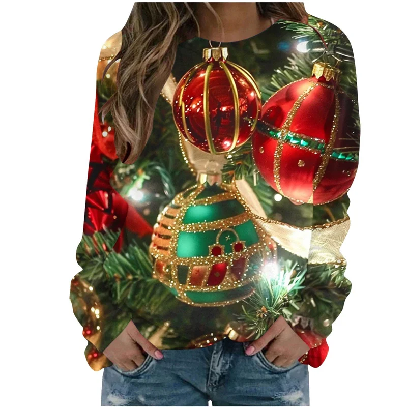 3D Printing Funny Christmas Trees Ornaments Sweatshirts Reindeer Xmas Graphic Ugly Christmas Sweatshirts Mens Round Neck Hoodies