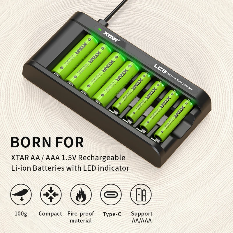 XTAR LC8 Smart 8 Bay Li-ion AA/AAA Battery Charger USB C Input Born For 1.5V Rechargeable Li-ion Batteries With Indicator