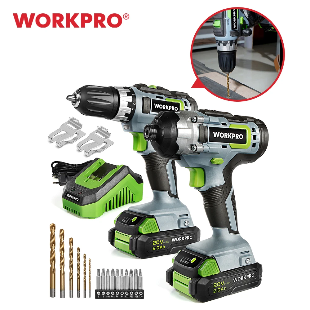 

WORKPRO Li-ion Cordless Impact Screwdriver Set & Drill Driver Set 21PC and Including 20V 2 Fast Charging Batteries Power Tool