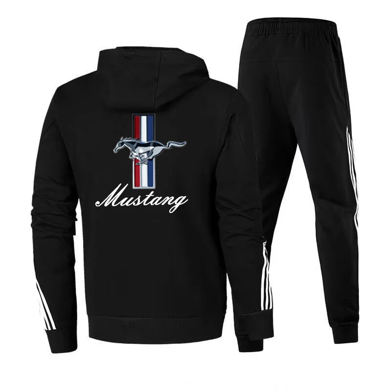 Męska bluza z kapturem i nadrukiem Ford Mustang z logo samochodu, codzienna odzież sportowa do biegania i fitnessu, innowacyjna, 2PK