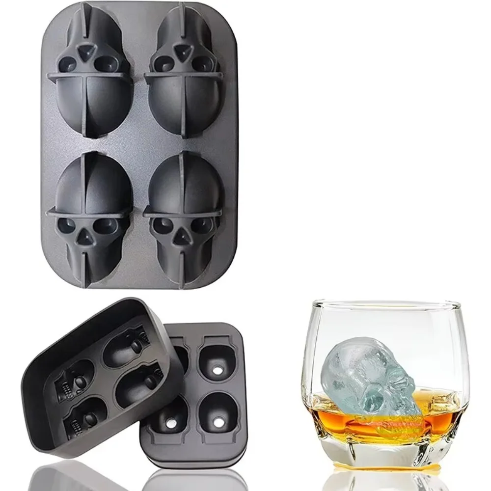 3D Skull Silicone Ice Cube Mold, Reusable Easy Release Ice Tray Maker for Whiskey Cocktail Bar Halloween Party Supplies