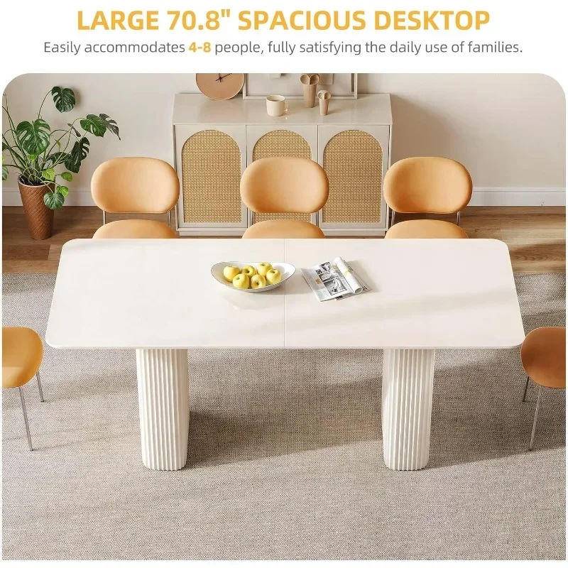 Table de salle à manger rectangulaire moderne avec pieds incurvés ondulés, grande table de cuisine blanche crème, 70.8 po, 6 à 8 personnes