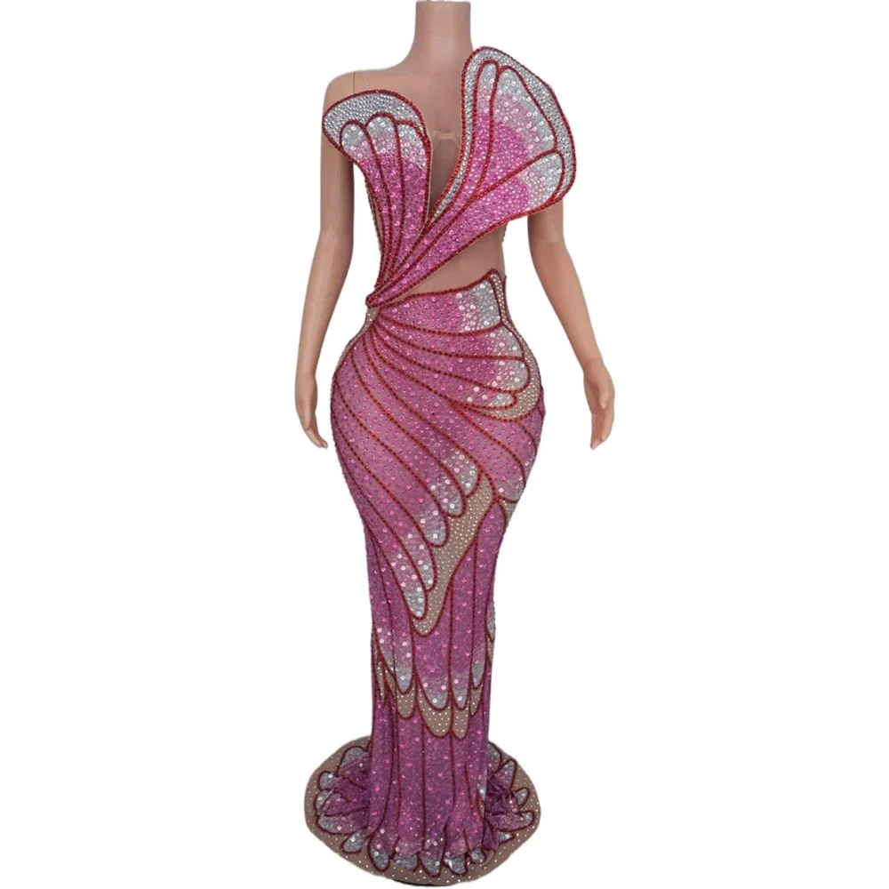 Birthday Dress Rhinestones Long Pink butterfly  outfit Transparent Celebrate Evening Prom Photo Shoot Wear
