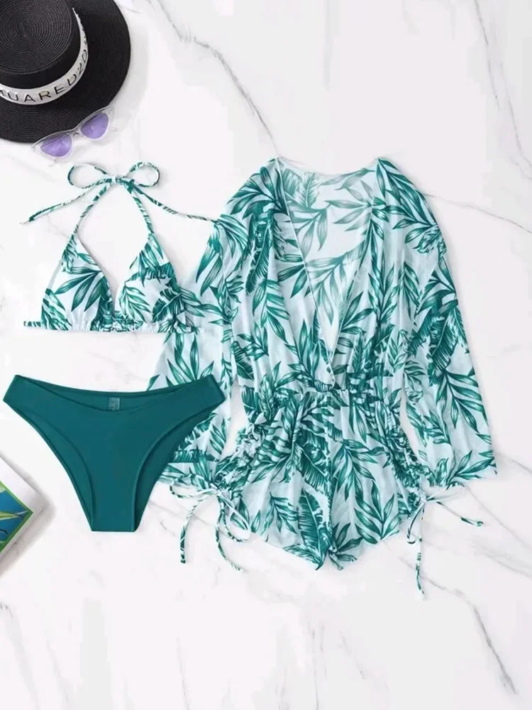 Set bikini a triangolo con stampa sexy 2023 Costume da bagno donna push up a 3 pezzi con scollo all'americana Abito copricostume a maniche lunghe con perizoma Biquini