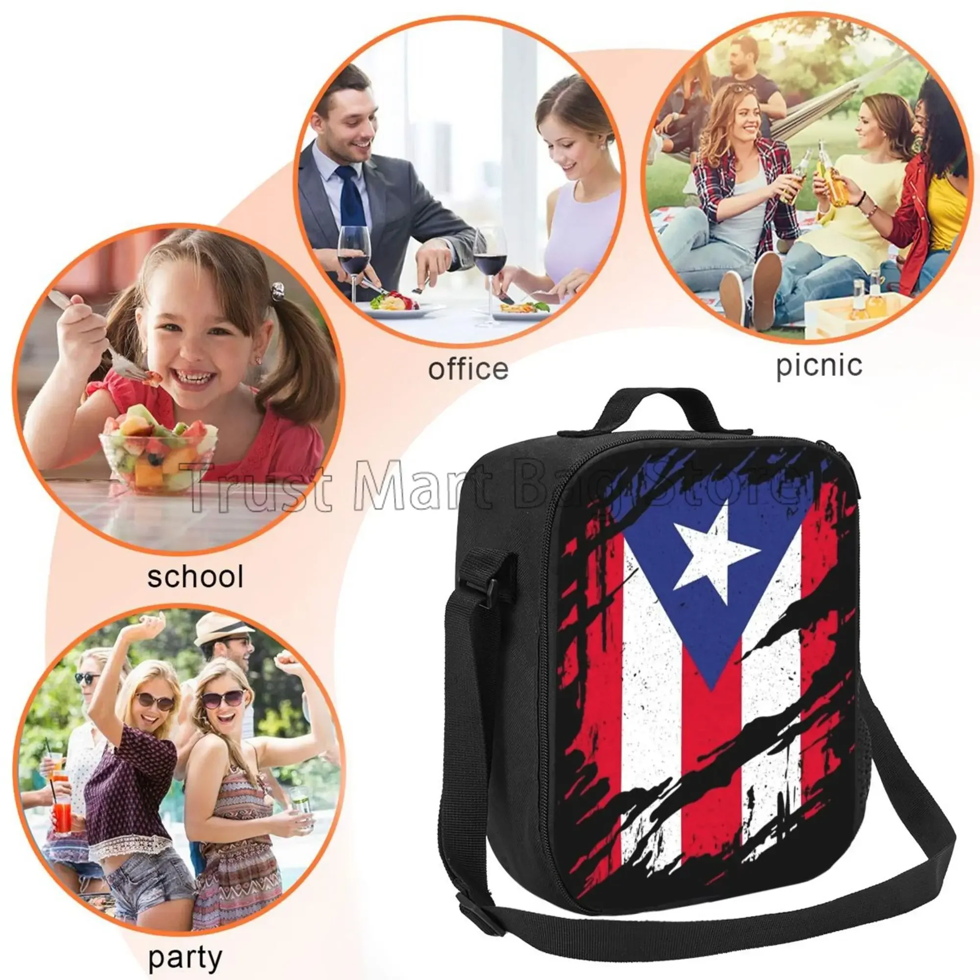 Puerto Rico Flag Print Insulated Lunch Bag Waterproof Reusable Thermal Lunch Box Bento Tote with Adjustable Shoulder Strap