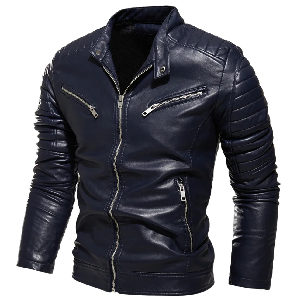 2025 Winter Black Leather Jacket Men Fur Lined Warm Motorcycle Jacket Slim Street Fashion BLack Biker Coat Pleated Design Zipper - Image 4