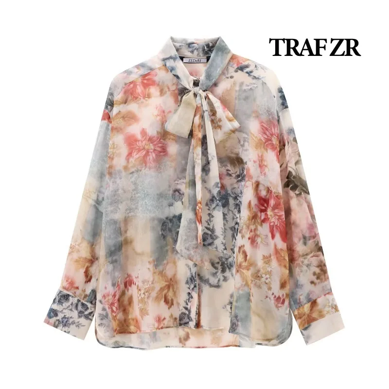 TRAF ZR Floral Blouses for Lady Prairie Chic Lace-up Bow Autumn Women\'s Shirt Elegant Women\'s Luxury Blouses Long Sleeve Shirt