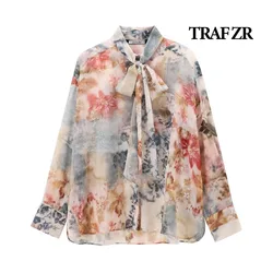 TRAF ZR Floral Blouses for Lady Prairie Chic Lace-up Bow Autumn Women's Shirt Elegant Women's Luxury Blouses Long Sleeve Shirt