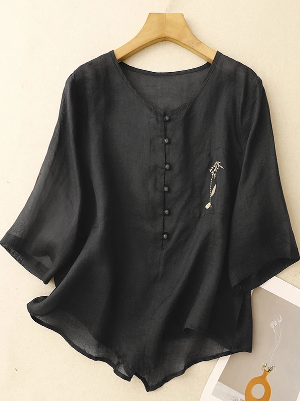 تي شيرت نسائي مطرز خفيف الوزن وجيد التهوية من القطن والكتان مقاس كبير or Sve بأزرار دائرية Ne كاجوال