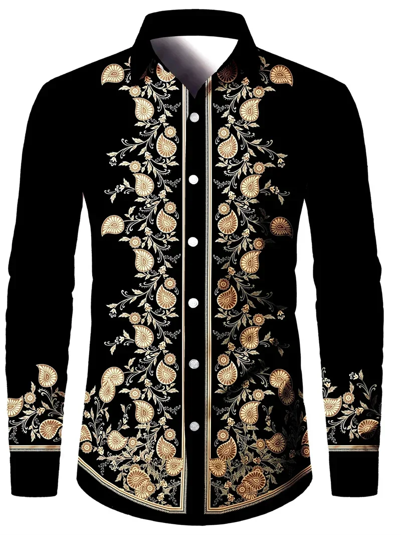 Men's dark ethnic pattern 3D printed long-sleeved lapel dress shirt simple business casual office party high-end clothing men's