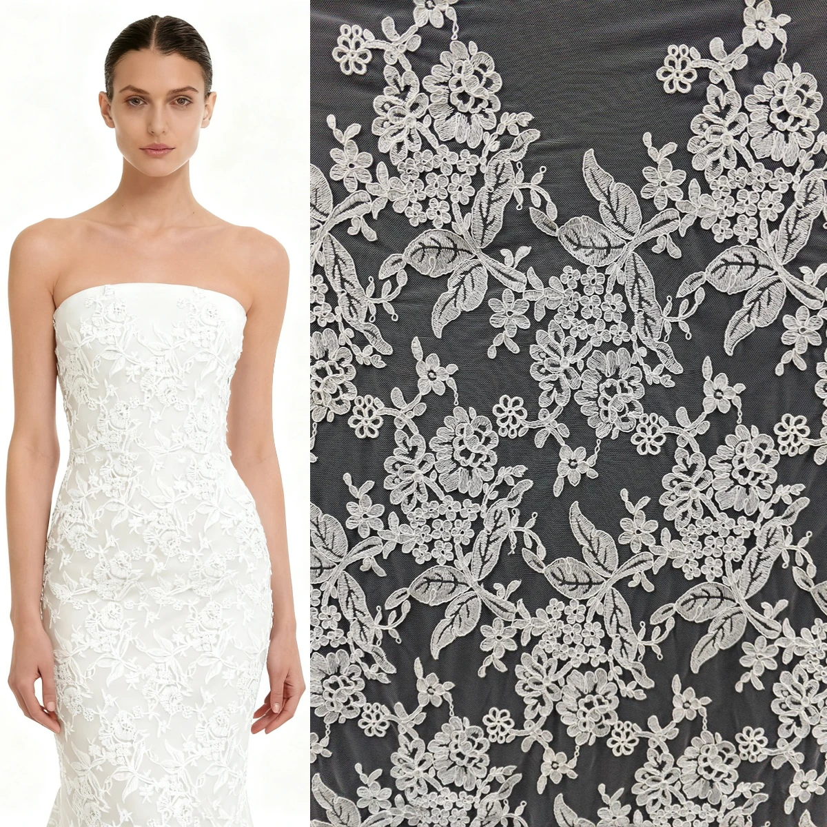 

Bridal Wedding Lace Fabric – White Embroidered Tulle for High-End Custom Dresses