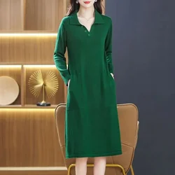 Mom's Autumn And Winter Thick Knitted Wool Dress Wool Sweater Slim High-End Knee Length Long Sleeved Dress Loose Plus Size XXXL