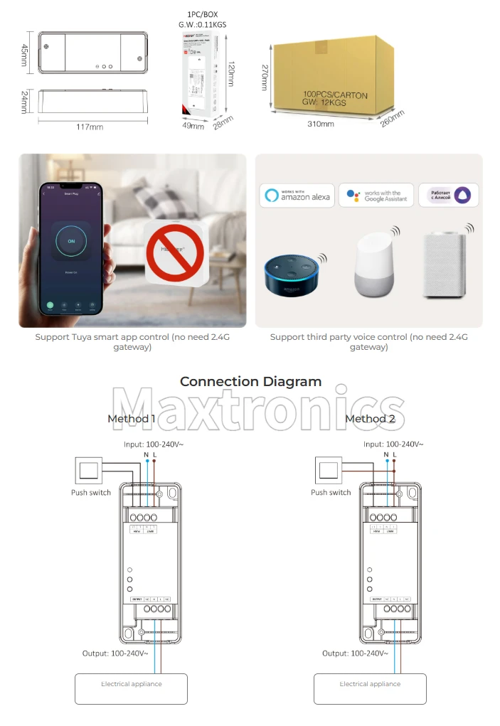 Miboxer WiFi 2.4G remote control PUSH LED lights 10A AC100-240V SWL SWR Smart switch  Support Tuya smart app control party voice