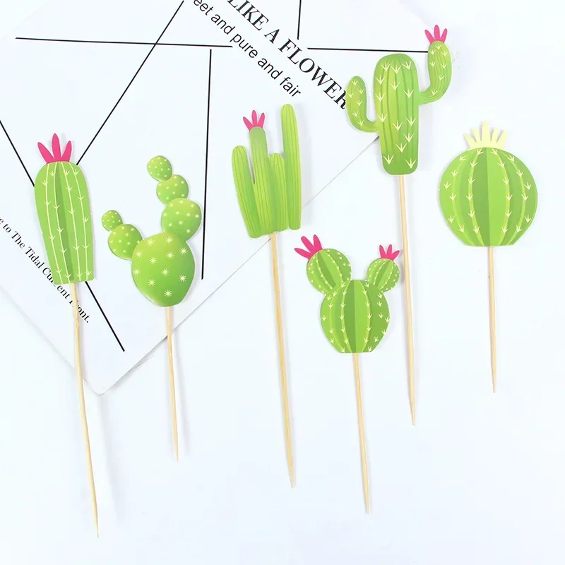 Green Cactus Cake Topper Happy Birthday Personality Plant Cupcake Toppers Kids Party Wedding Decor DIY Baby Shower Supplies