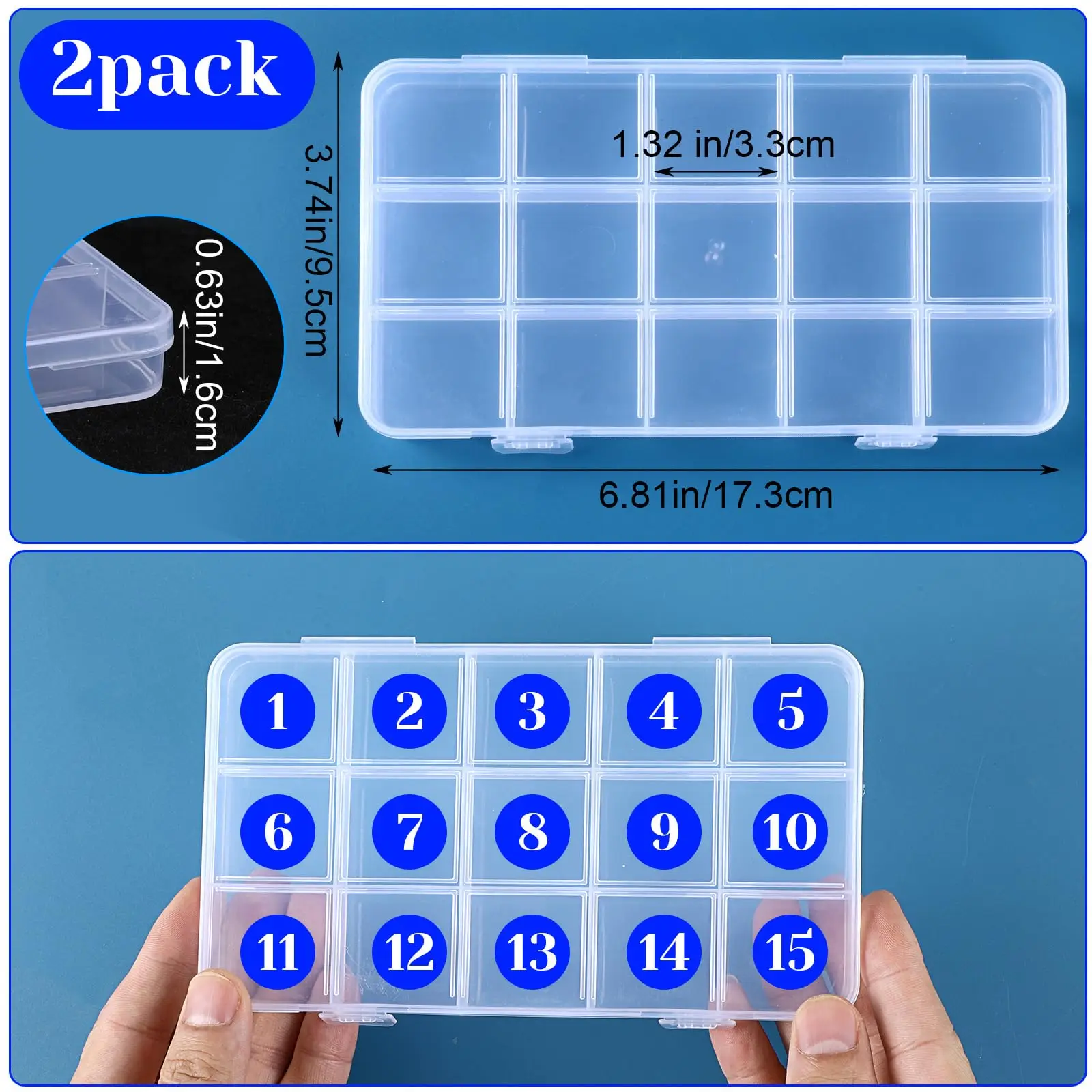 15-Grid Bead Organizer Box, Clear Plastic Storage Containers for Beads, Jewelry, Nail Art, Buttons, Diamond Painting 2/5/10 Pack
