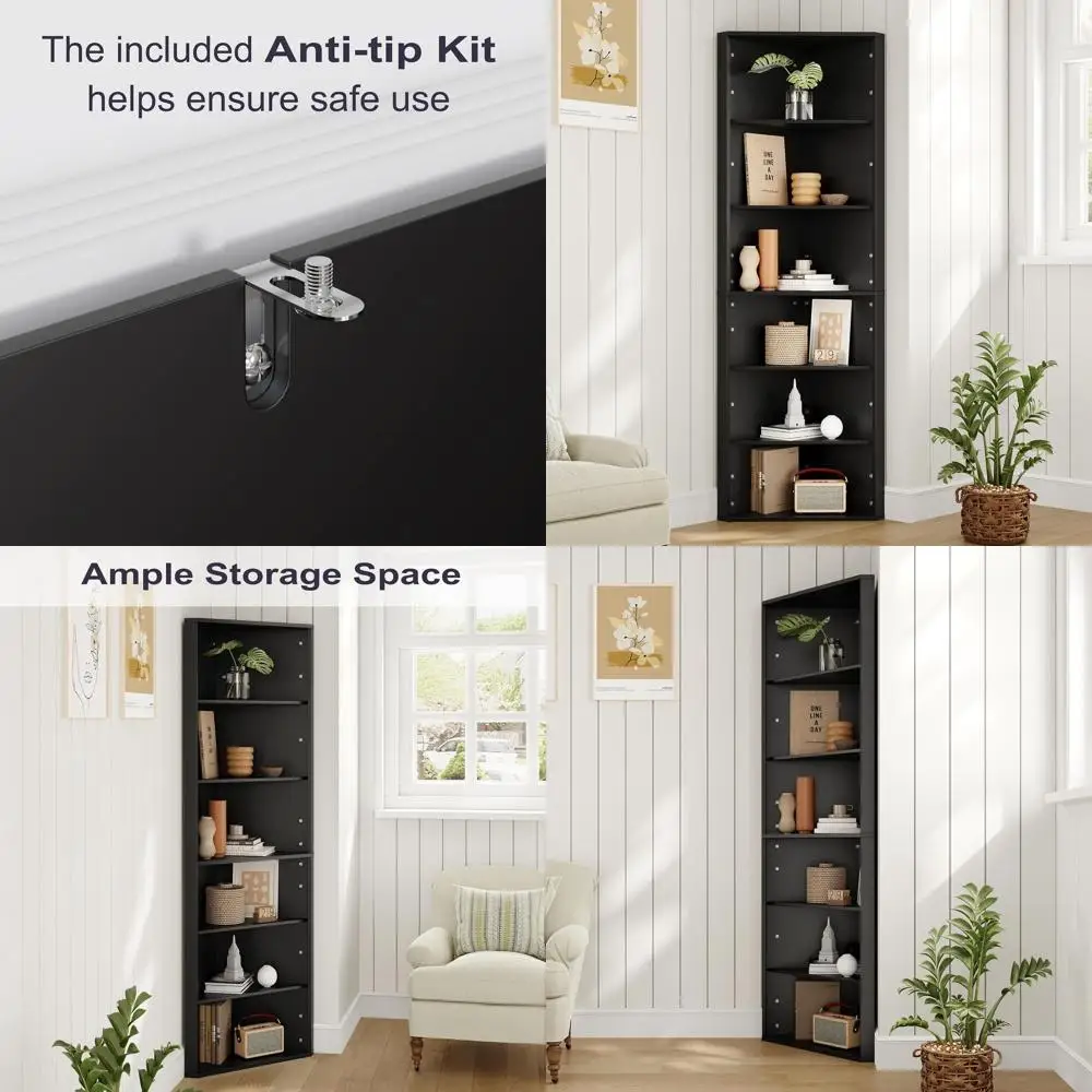 

6-Tier Adjustable Height Bookshelf, 68 Tall, Ideal for Living Room, Office, Kitchen, and Small Spaces, Black