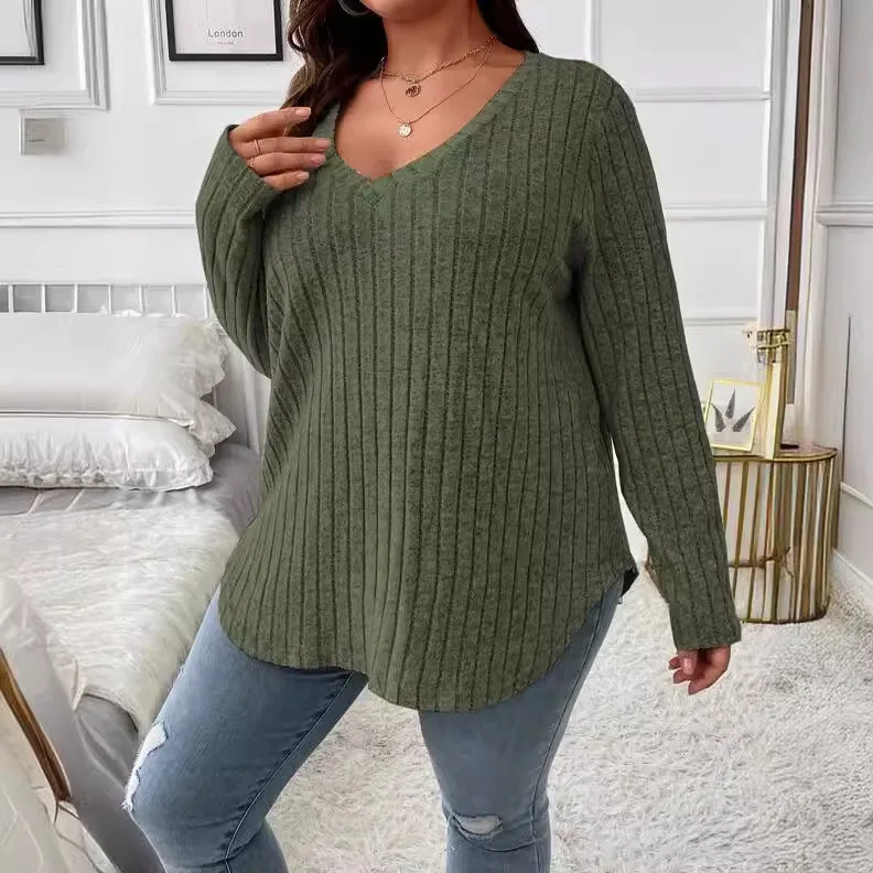 plus size autumn and winter new solid color large size women\'s top V neck long sleeve pit strip polished T-shirt loose pullover