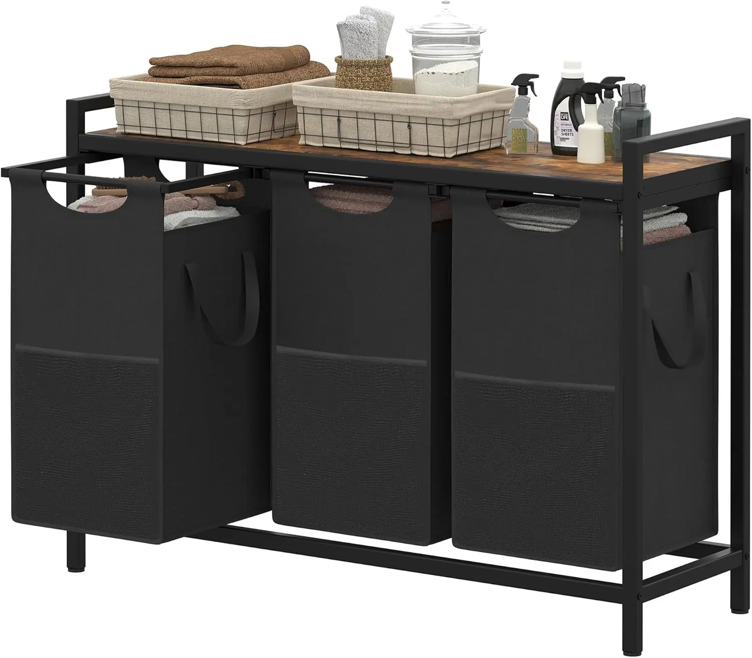 

3-Bag Laundry Sorter with Shelf, 12.5 Gal Capacity, Rustic Brown for Room Organization