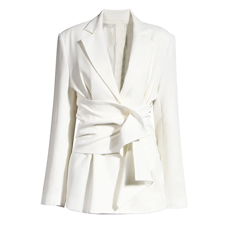 Fato de peito único feminino com renda, blazer branco com cinto, jaqueta formal, casaco elegante estilo senhora do escritório, em estoque, 1 pc