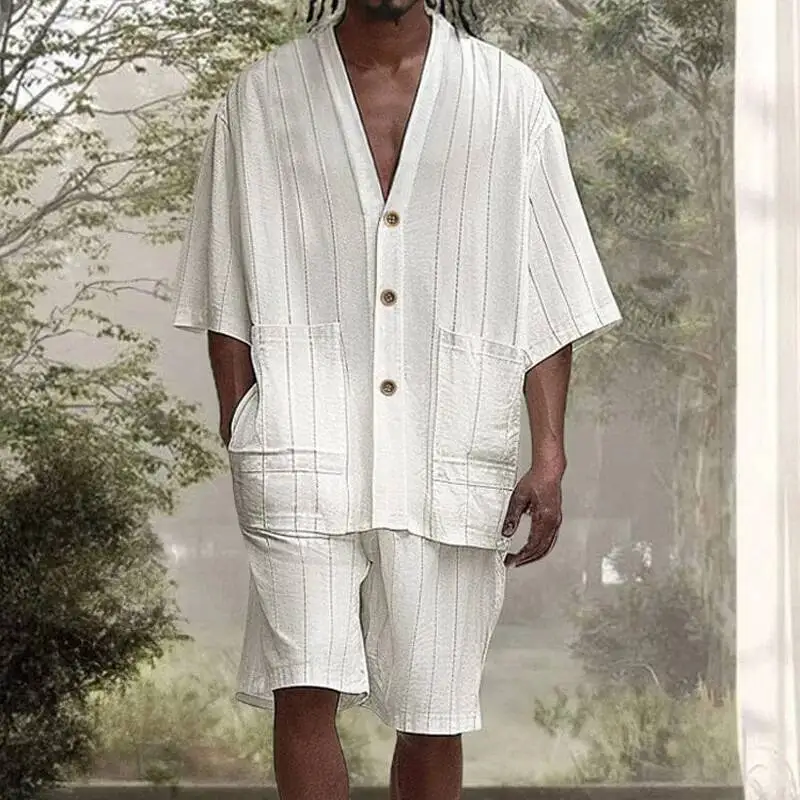 Pure White Vertical Stripe Men's Top And Set Short Sleeve Shirt Open Cardigan Five-Quarter Pants 2026