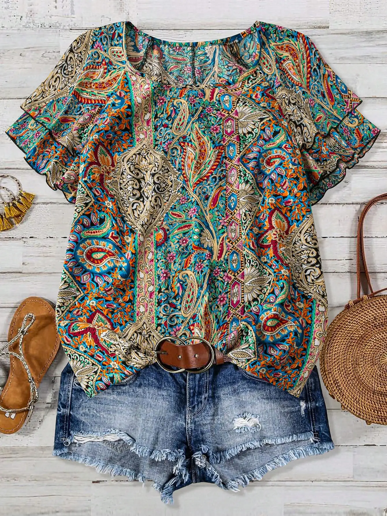 

Paisley Print Double Ruffle Sleeve Casual Vacation Shirt For Women