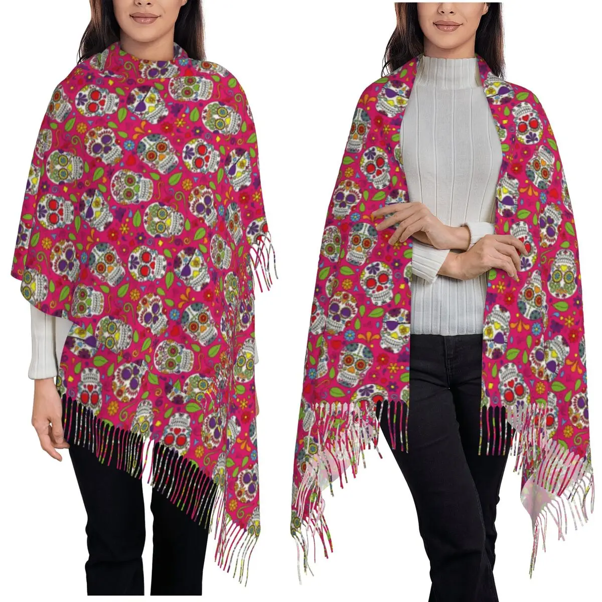 

Sugar Skull Mexican Flower Halloween Day Of The Dead Scarf Tassel Scarves for Women Shawls and Wraps Long Fall Winter Shawl Wrap