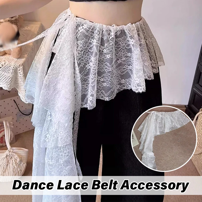 Jazz Dance Skirt Curtain Embroidered Flower White Lace Mesh Mini Skirt Irregular Y2K Streetwear Lace Up Decor Ruffles Skirt