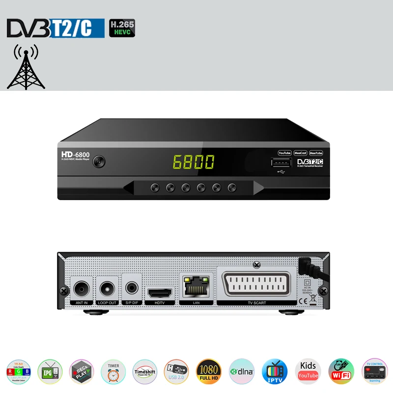 HD6800 DVB T2 DVB-C HEVC 265 Digital TV Tuner DVB-T2 H.265ถอดรหัส HD Terrestrial TV Receiver EPG ชุดกล่องด้านบน youtube LAN Scart