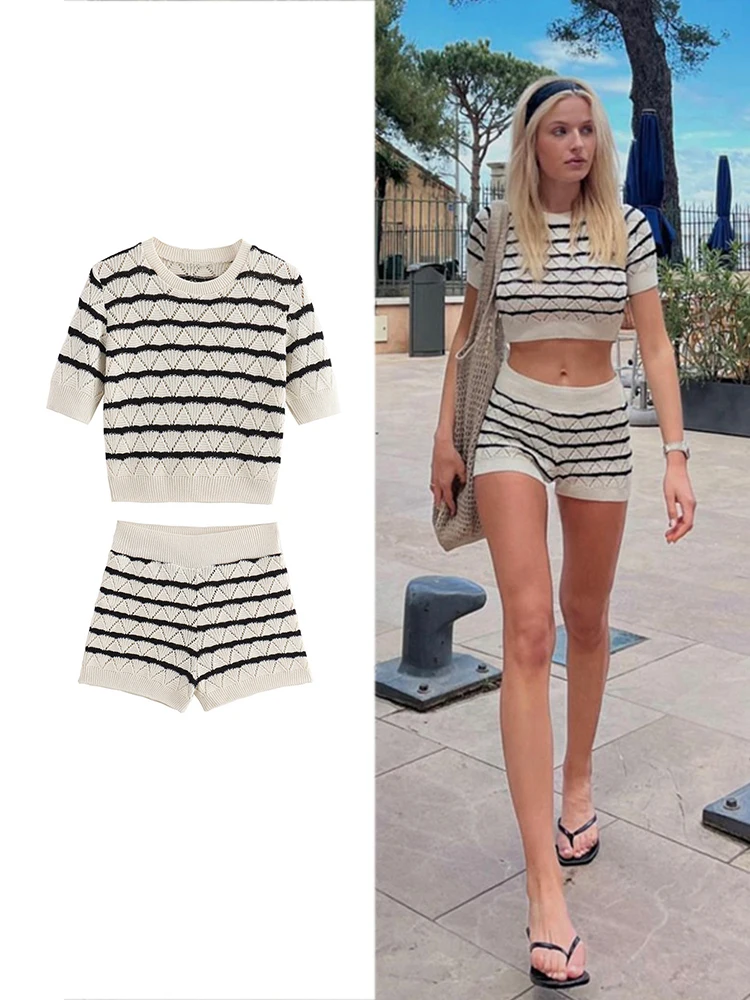 ZA TRAF Women\'s Fashion Knit Stripe Two Piece Set Casual Knit Round Neck Short Slim Top + Chic Knit High Waisted Shorts Set