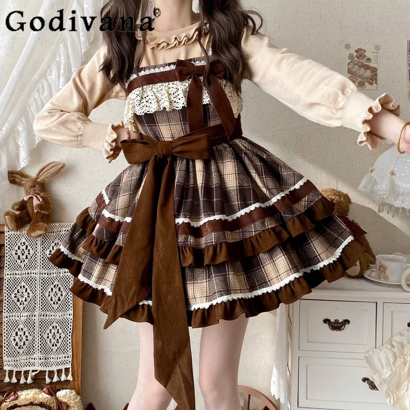 

Original Design Lolita Plaid Suspender Dress Jsk Women's Cute Sweet Girl Kawaii Bow Ruffle High Waist Birthday Party Dresses