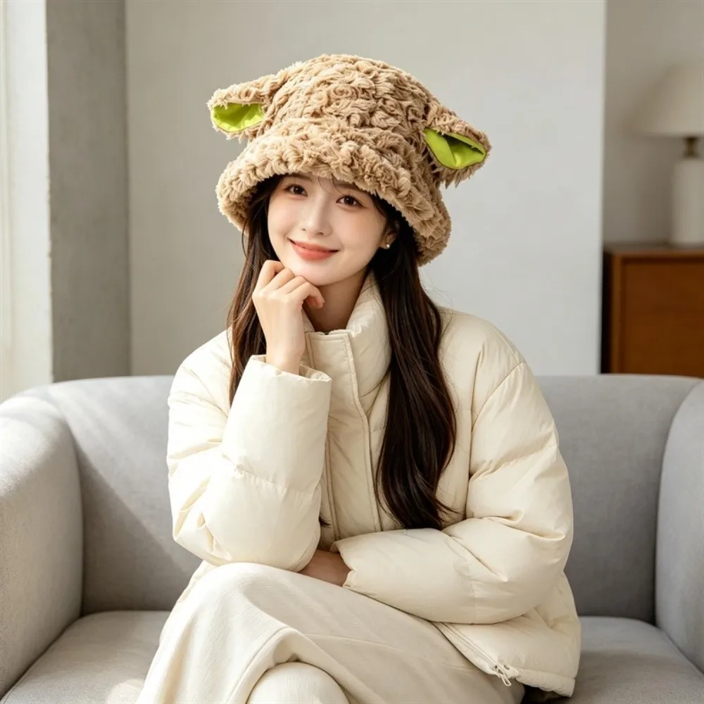 Trendy Bucket Hat Fluffy Soft Sheep Fisherman Hat Warm Fuzzy Lamb Ear Hat Party