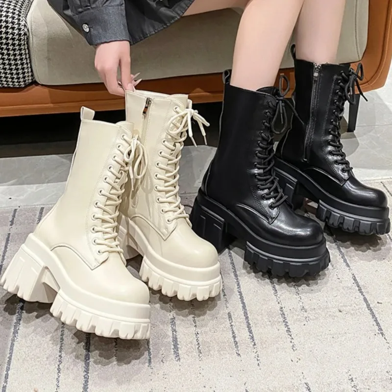 

9CM High Platform Ankle Boots for Women Thick Bottom Non Slip Motorcycle Woman's Boots Designer Leather Combat Boot Botas Hombre