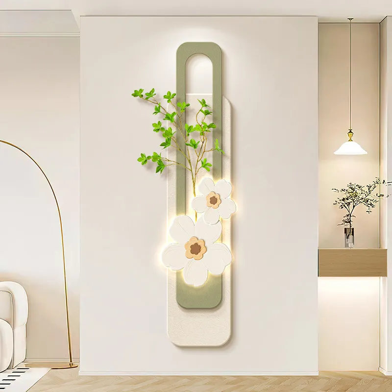 Cream-themed entryway decorative LED floral artwork for hallway ends, Nordic greenery wall lamp paintings