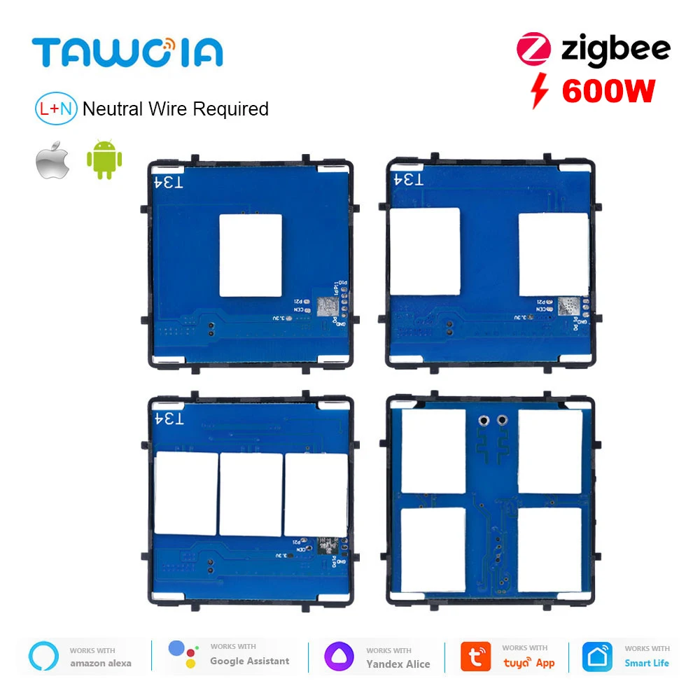 TAWOIA The Base Of ZigBee Touch Switch Function Key 1/2/3/4 Gang APP Voice Control Without Glass Panel, Need Neutral Wire, 600W