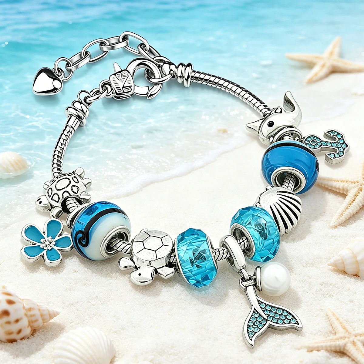 Pulsera con Colgante Cola de Sirena Estilo Océano, Cristal Azul, Flor, Ancla, Tortuga, Cadena de Serpiente, Joyería Ajustable para Regalo