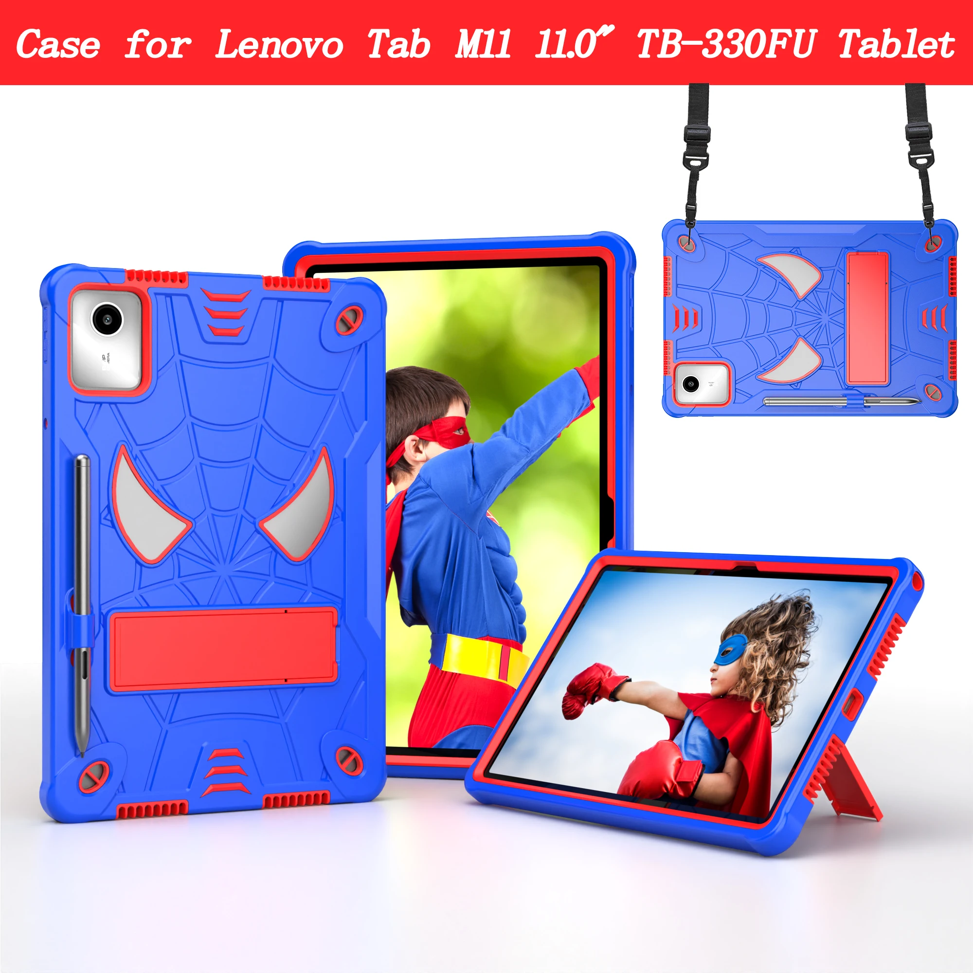 For Lenovo Tab M11 TB-331FC TB-330FU 3-Layer-Protection Shockproof soft silicone kid safe stand tablet cover with Shoulder Strap