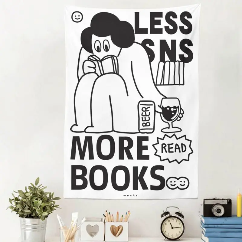 VIKAMA Black White Lines Reading Tapestry, Slogans Aesthetic Wall Hanging for Bedroom Living Room Dorm Decor